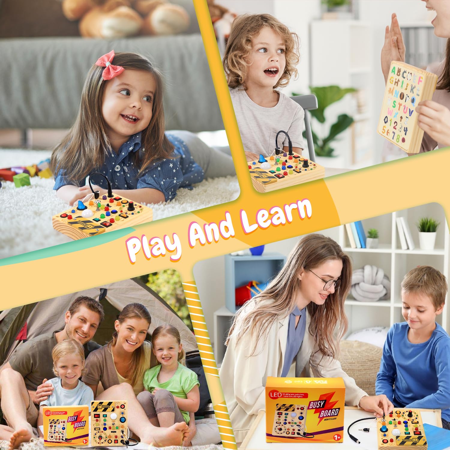 HarVow busy board in gift box staged for birthday present convenience
