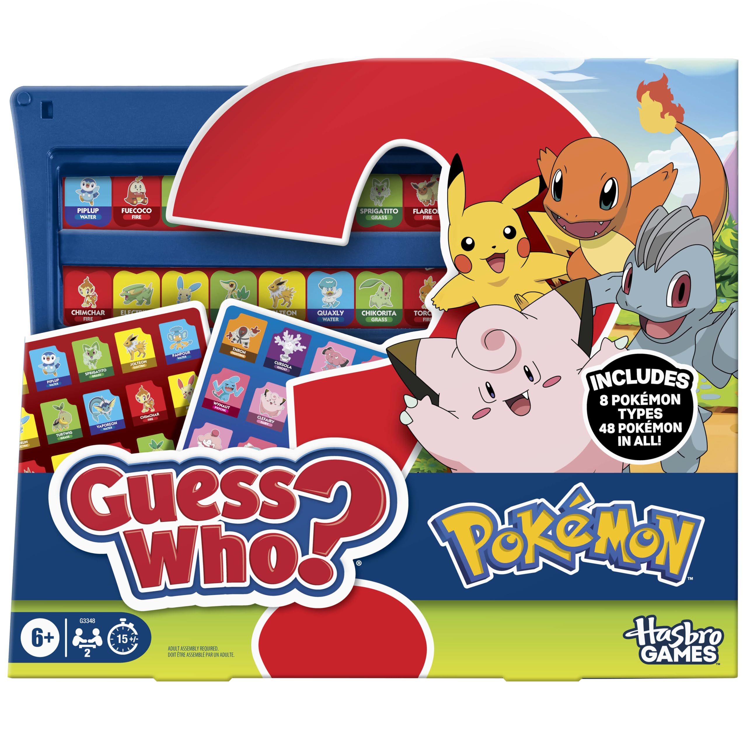 Hasbro front packaging showing Pokémon Guess Who? promoting portable play