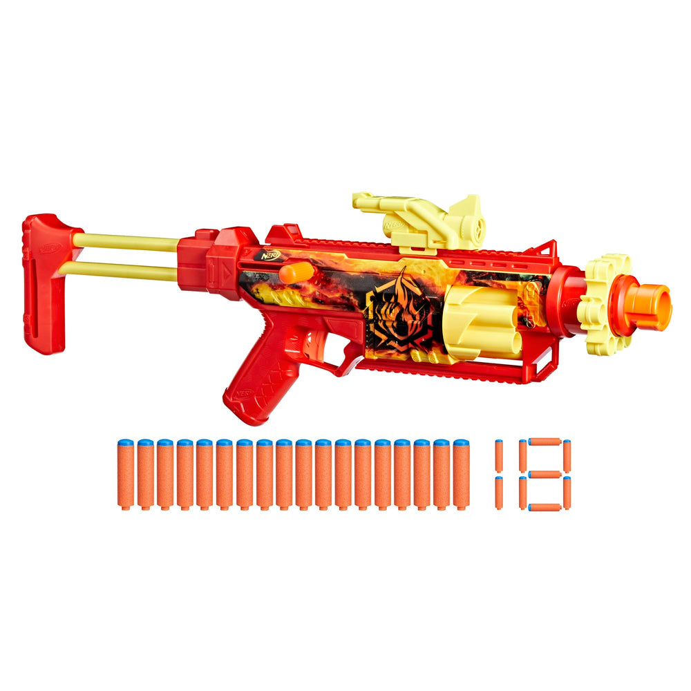 Hasbro Nerf FlareFusion front view showing blaster styling and quick-play benefits
