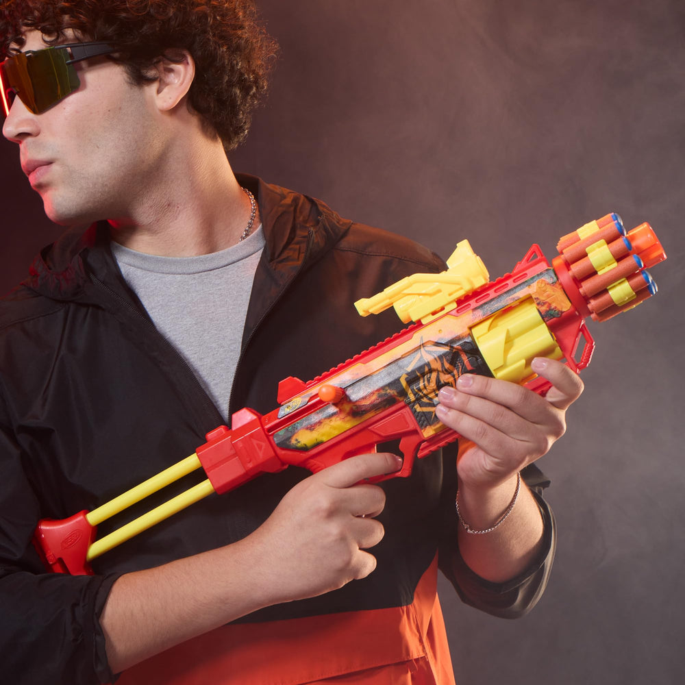 Hasbro Nerf FlareFusion rotating cylinder closeup highlighting six-dart capacity benefit