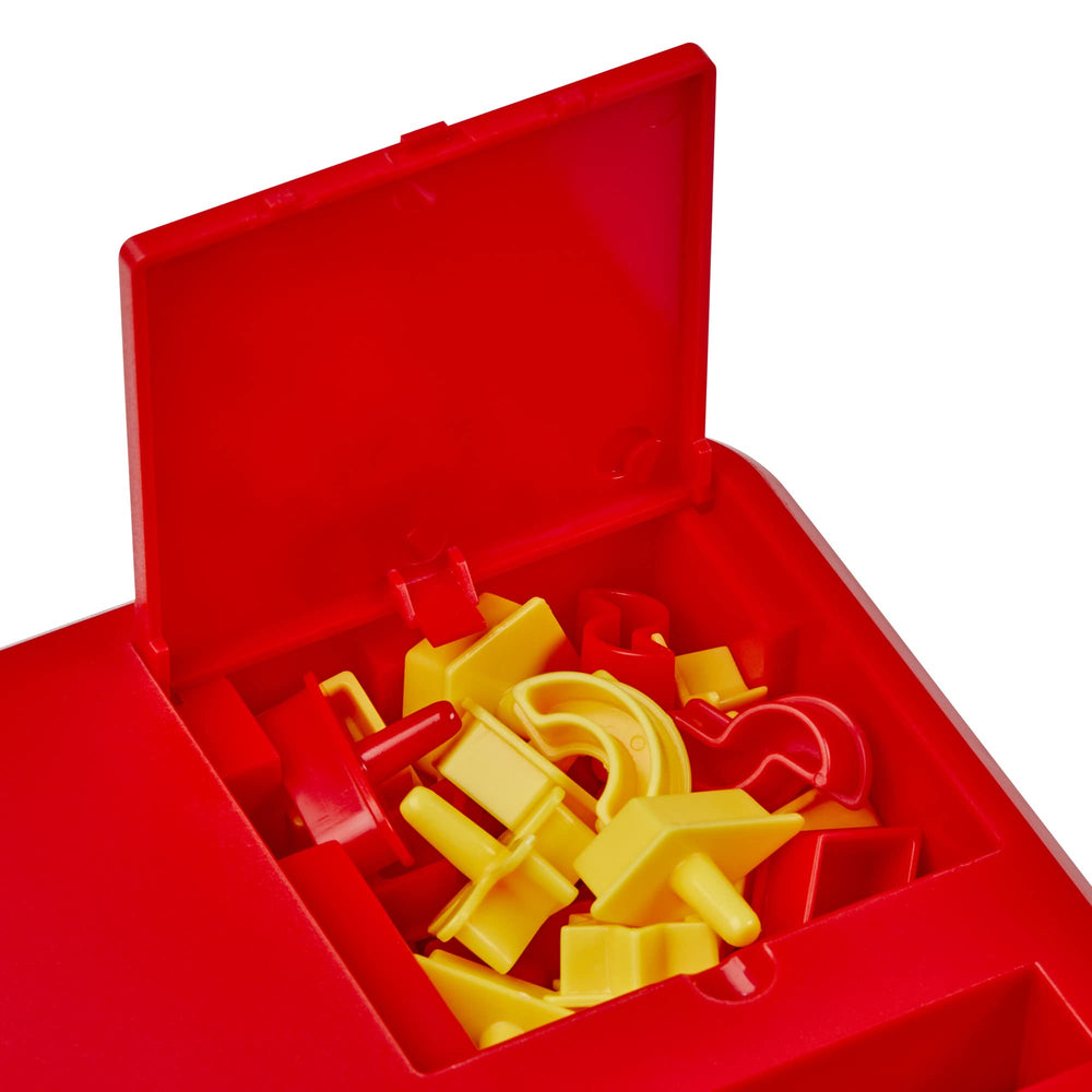 Hasbro Perfection scale with children's hands placing shapes, illustrates size and usability