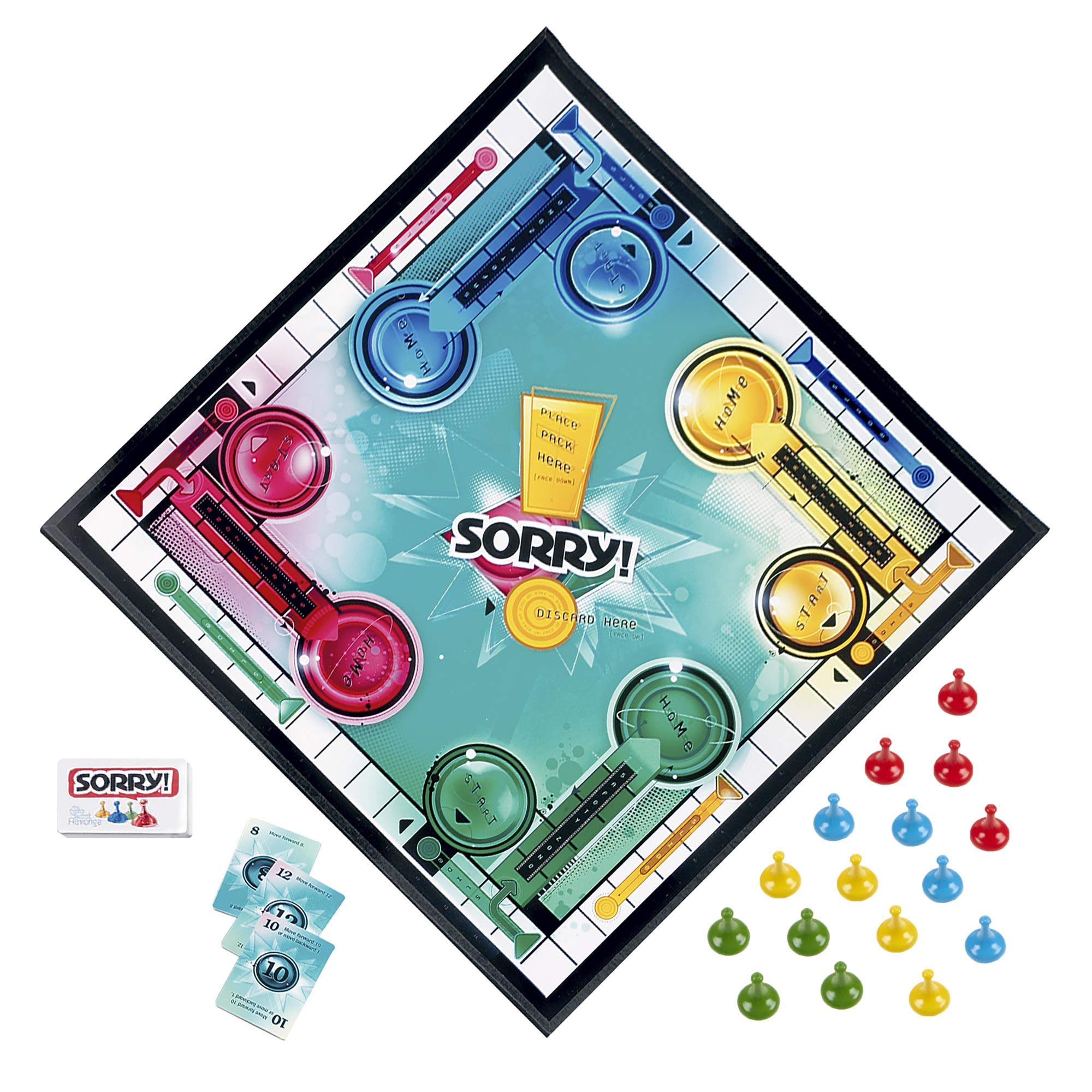 Hasbro Sorry board close-up featuring slides and vibrant path for faster play