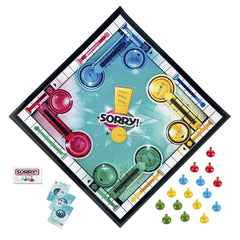 Hasbro Sorry board close-up featuring slides and vibrant path for faster play