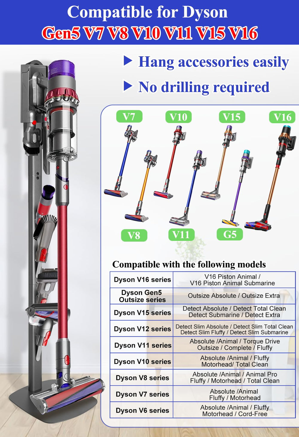 Haturi accessory hooks with tools organizing multiple Dyson attachments