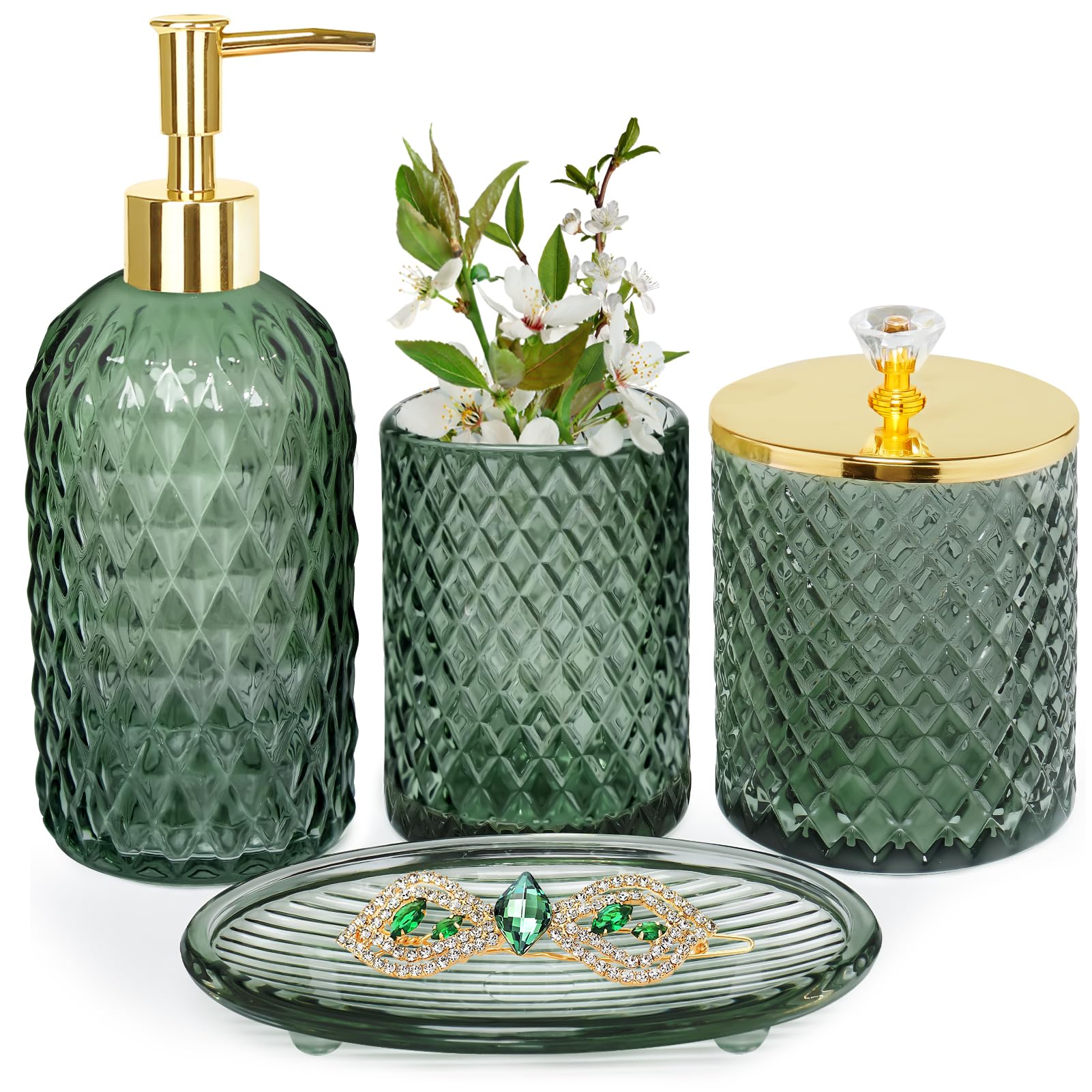 Haturi front view of the sage green glass 4-piece set, tidy counter appeal