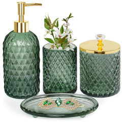 Haturi front view of the sage green glass 4-piece set, tidy counter appeal