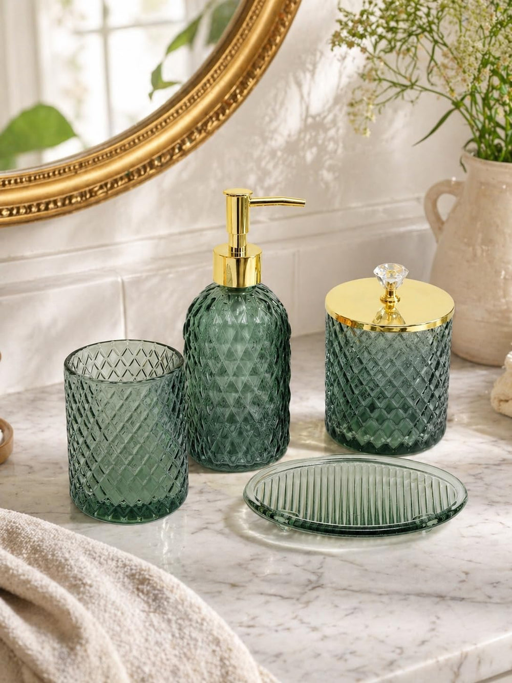 Haturi vanity tray with cosmetics and jewelry, consolidates daily essentials