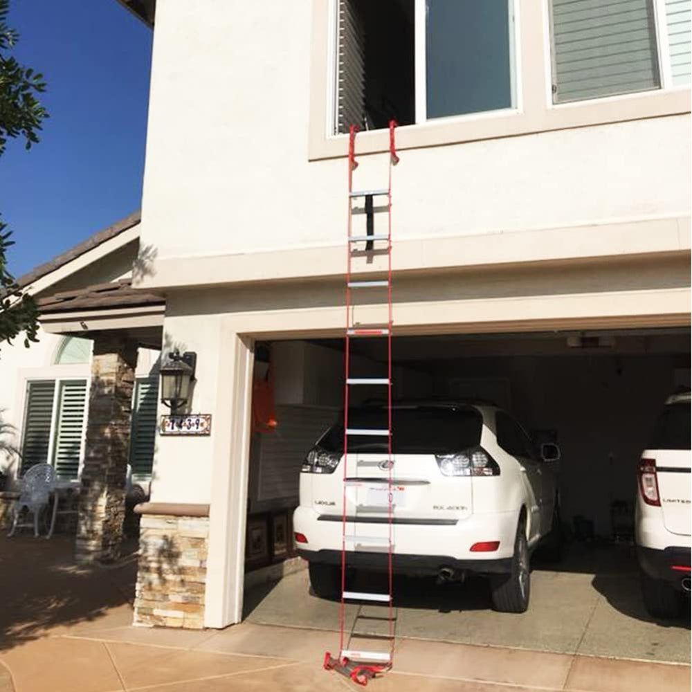 Hausse ladder in use during simulated window escape showing safe descent