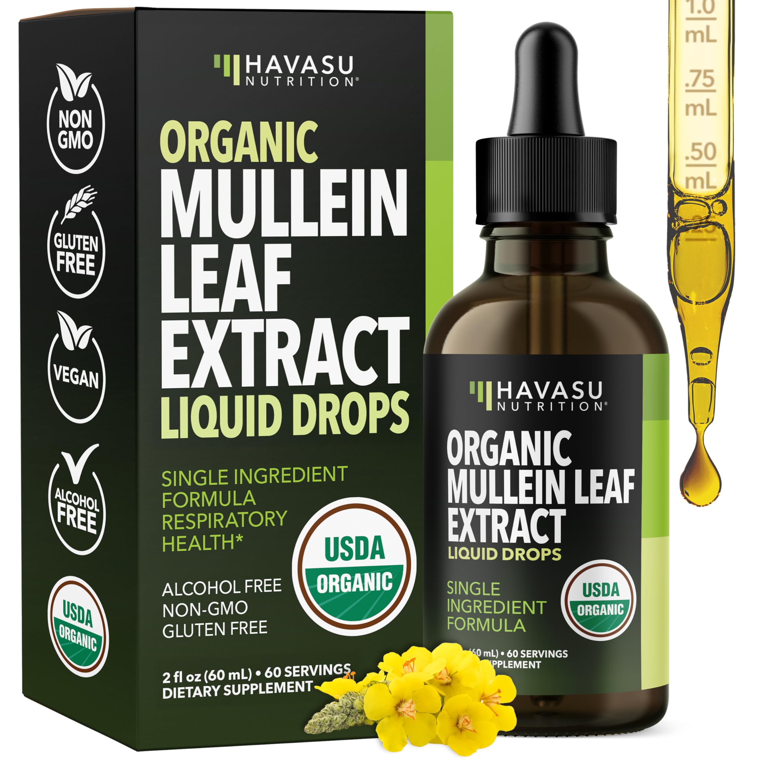 HAVASU NUTRITION front bottle view showing organic mullein drops for easy storage