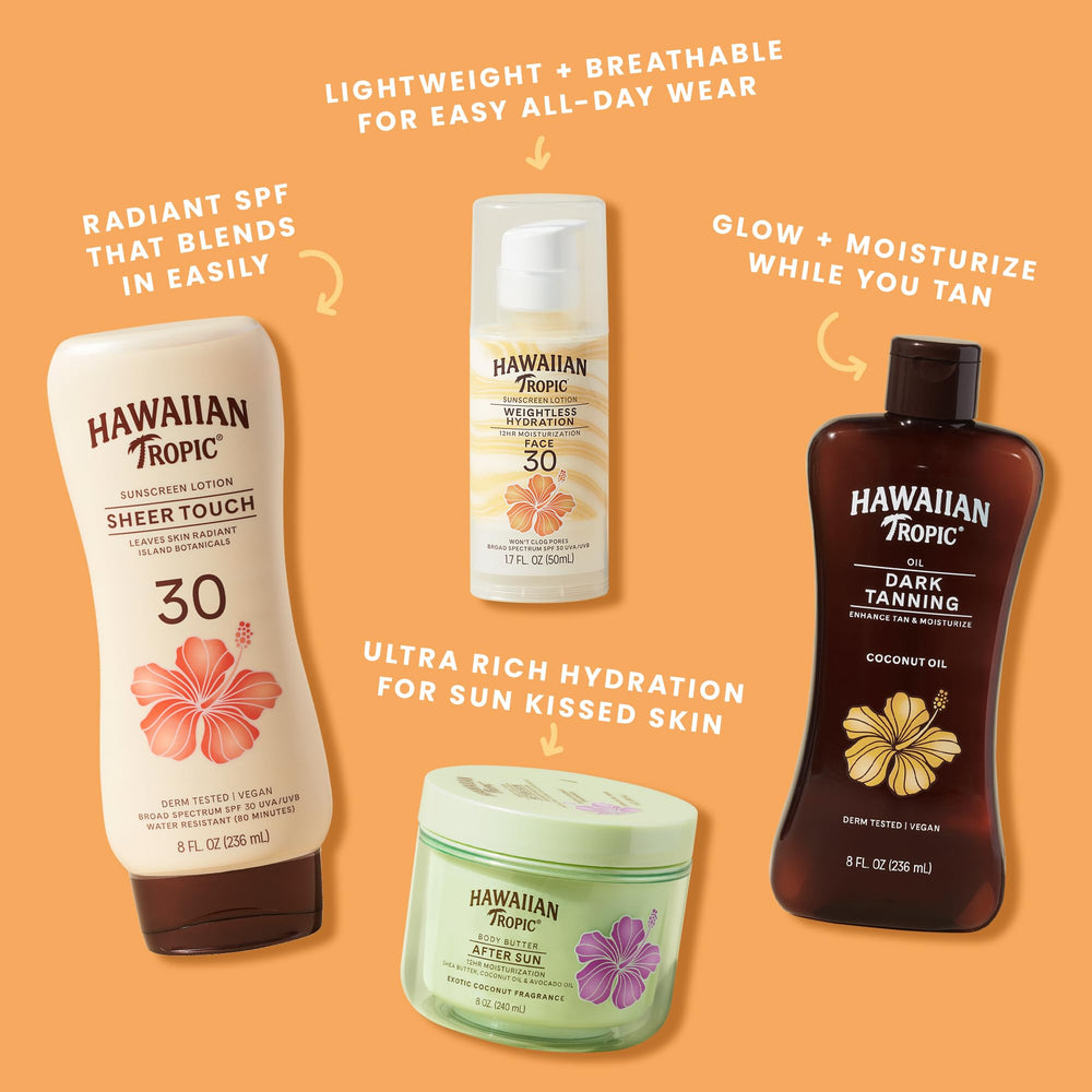 Hawaiian Tropic oil with after-sun lotion showing prolonged hydration routine
