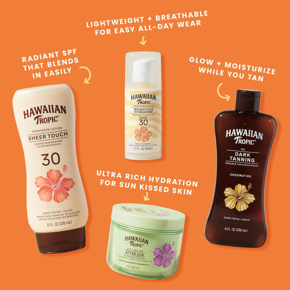 Hawaiian Tropic back panel with directions and ingredients for informed use benefit