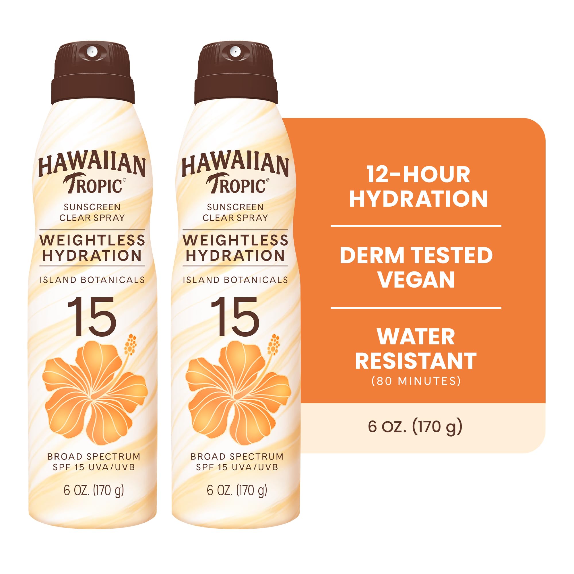Hawaiian Tropic spray nozzle detail highlighting continuous mist application benefit