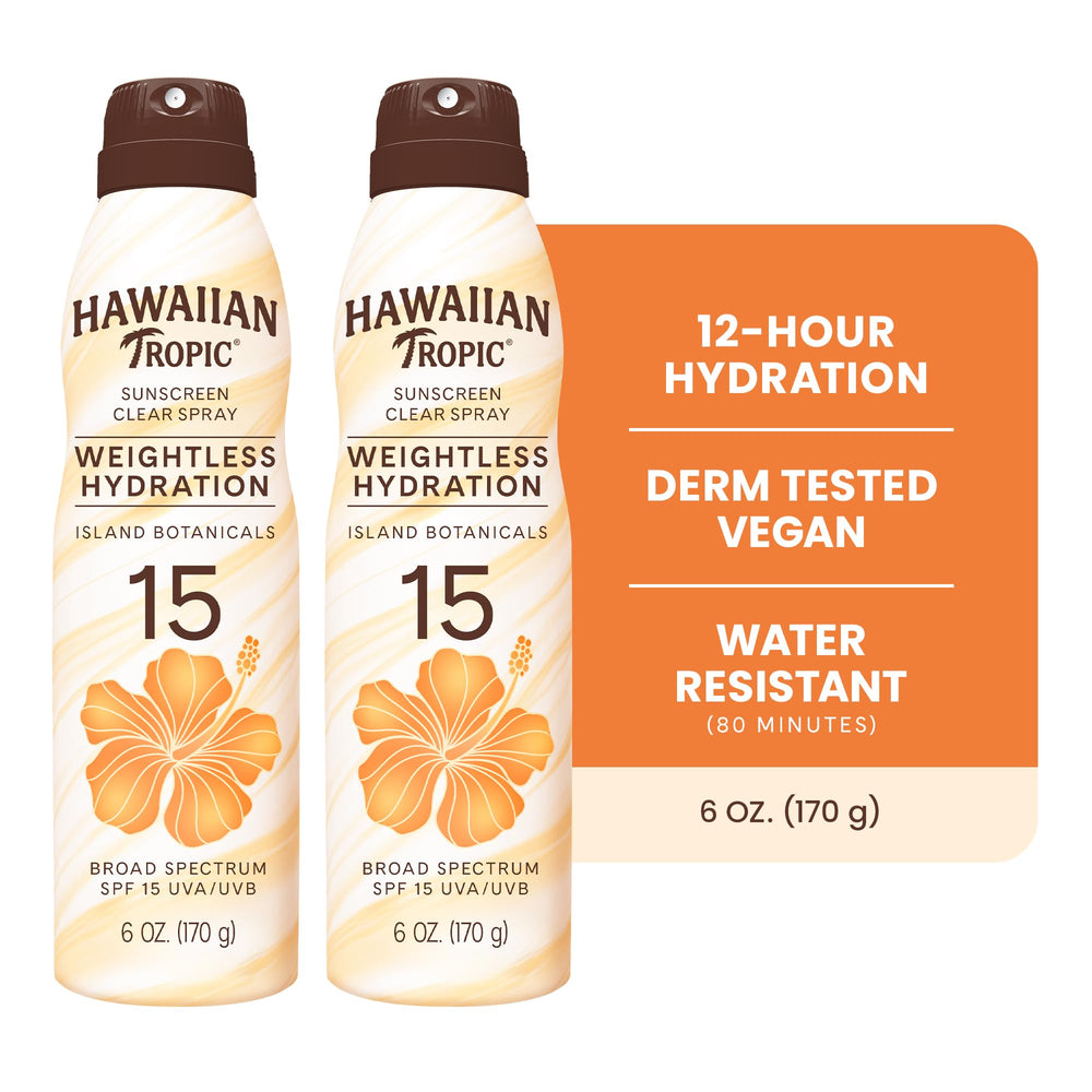 Hawaiian Tropic spray nozzle detail highlighting continuous mist application benefit