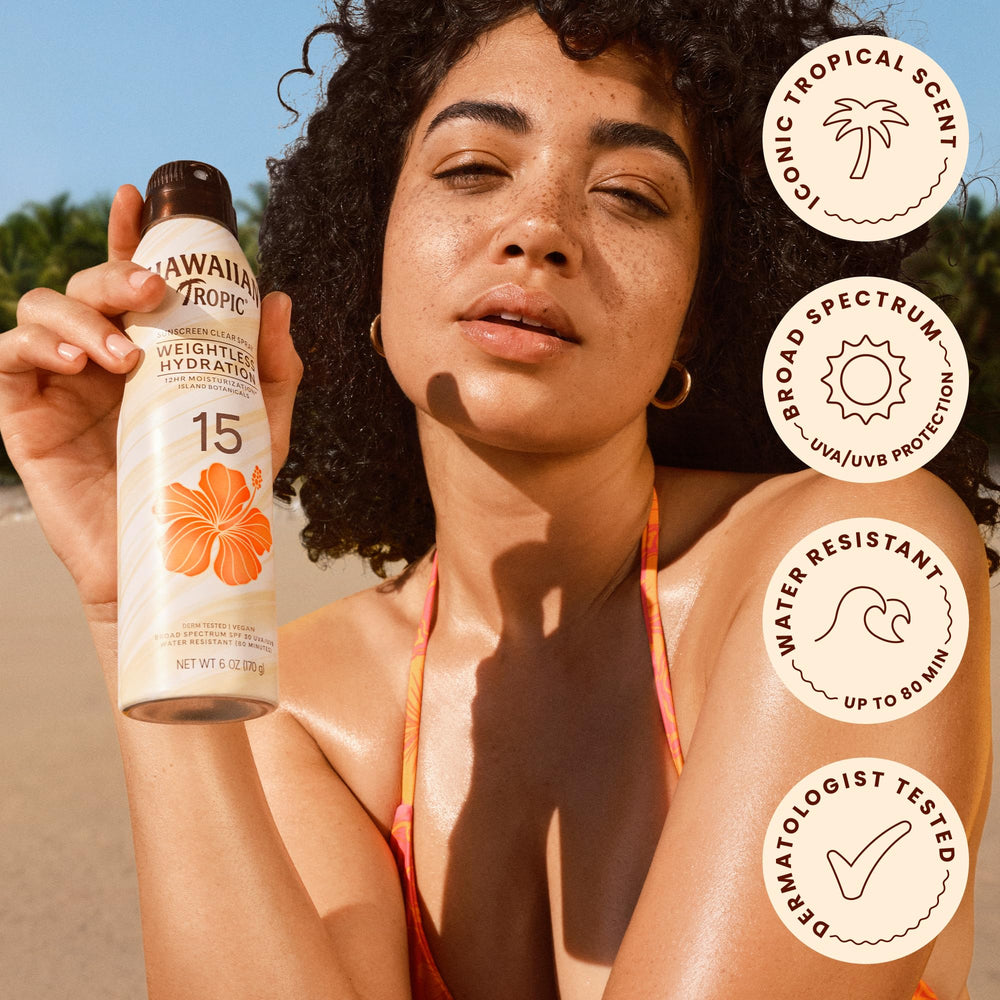 Hawaiian Tropic applied at beach showing water-resistant protection benefit