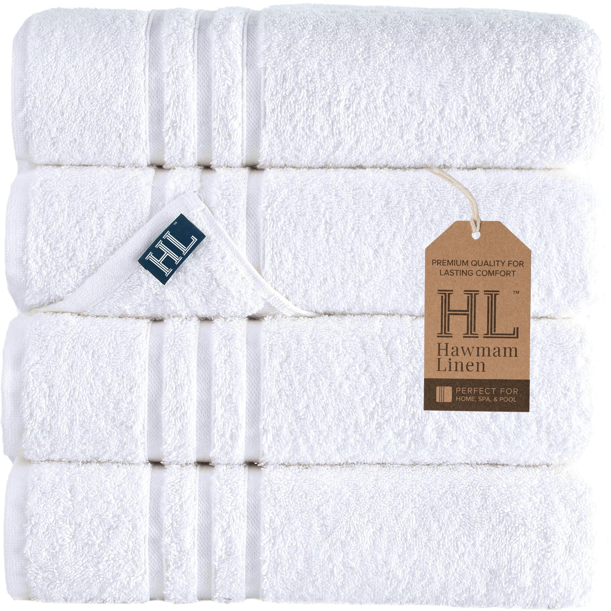 Hawmam Linen front stack of four white towels showing neat fold and plush look for everyday comfort