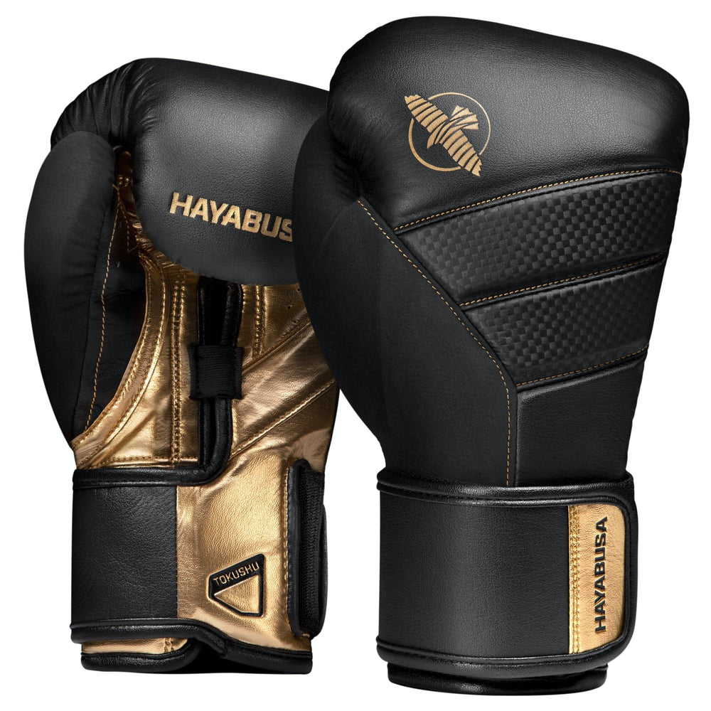 Hayabusa T3 front view showing black gold design and durable construction for confident training