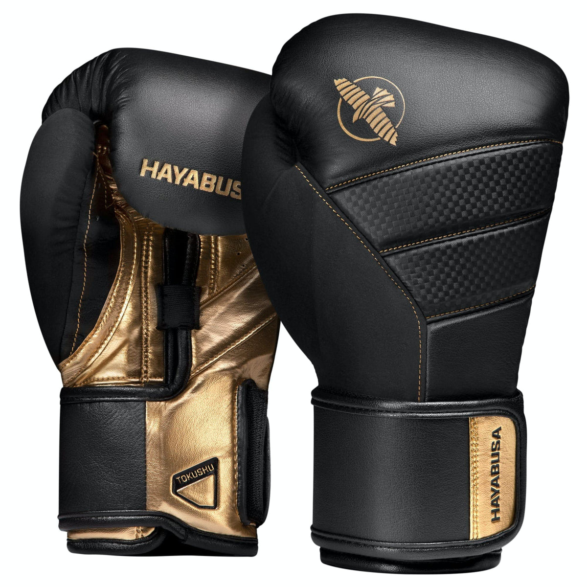 Hayabusa T3 front view showing black gold design and durable construction for confident training
