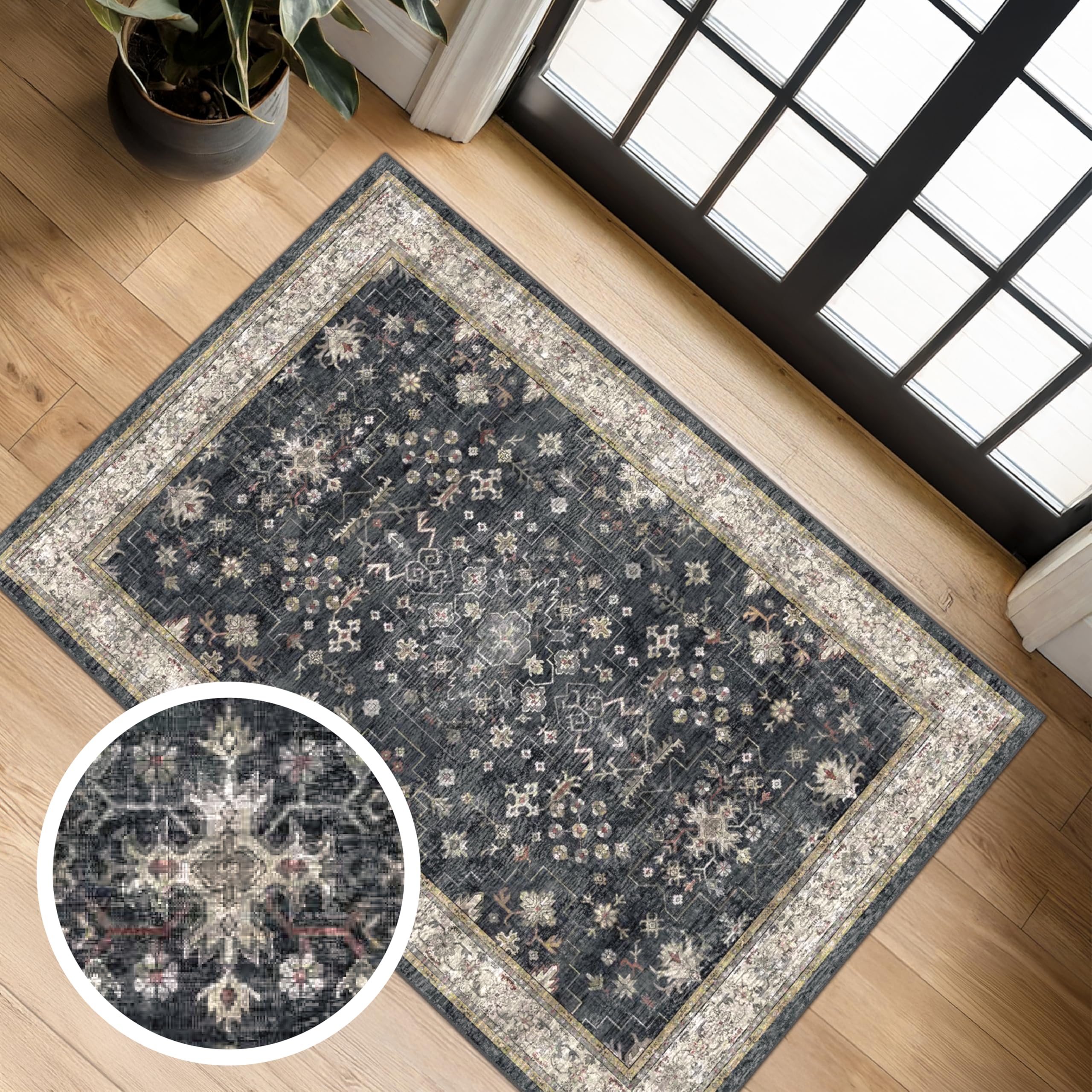 Hazo Haus front view of charcoal floral rug showing vintage pattern and welcoming look