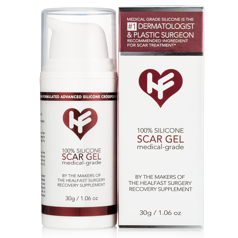 HealFast front packaging showing medical grade silicone gel for visible scar support