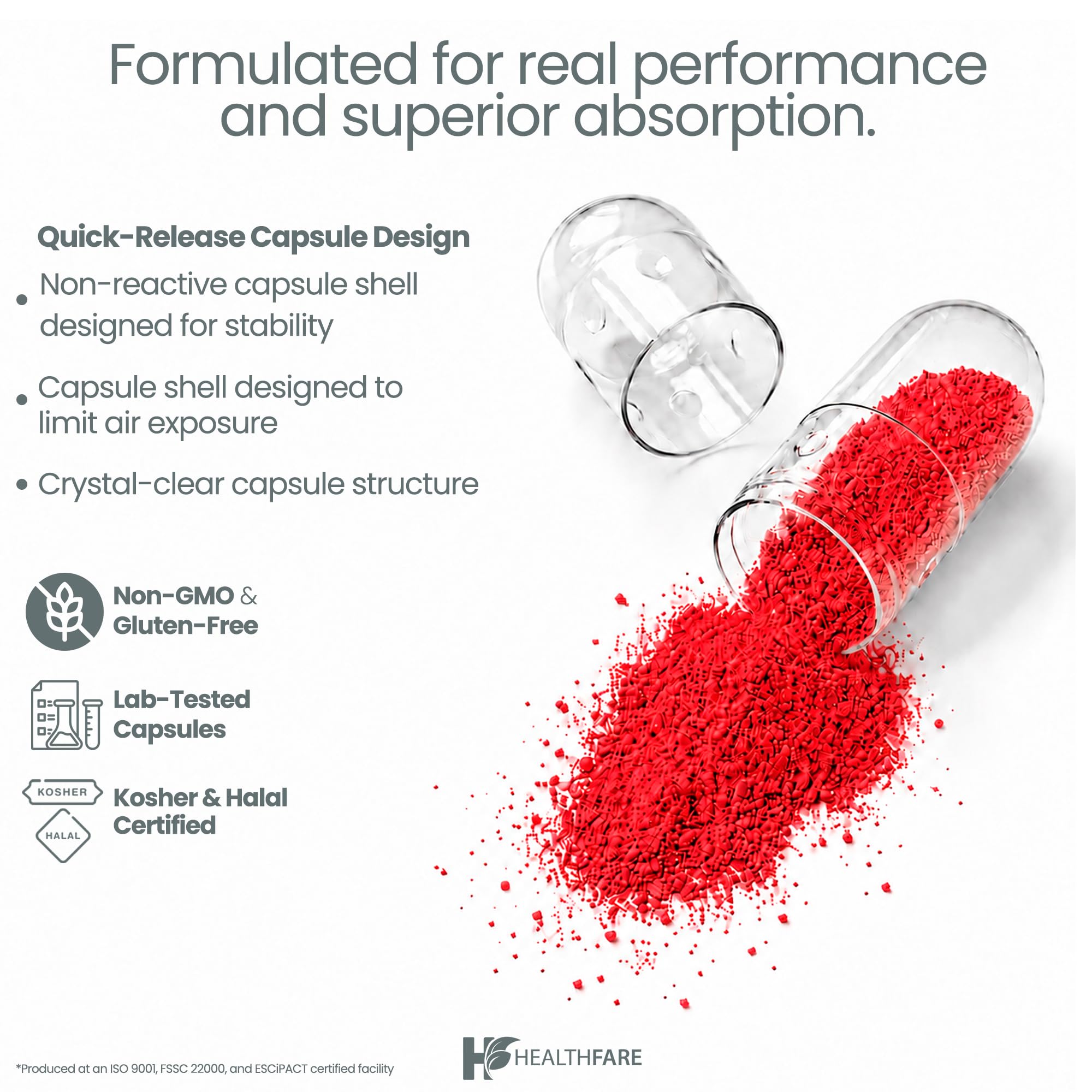 Healthfare open bottle viewing capsules to show capsule size and easy dosing