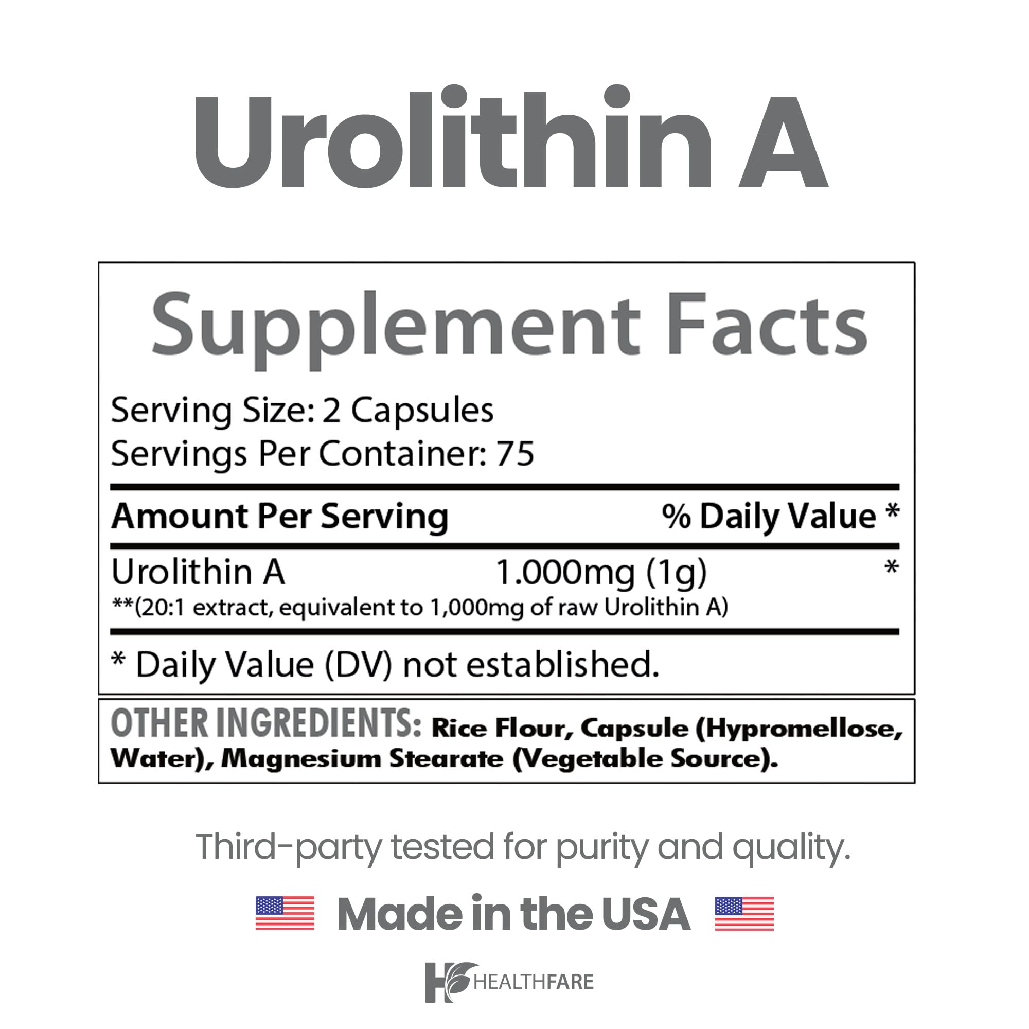Healthfare label detail highlighting ingredients and non-GMO, gluten-free claims