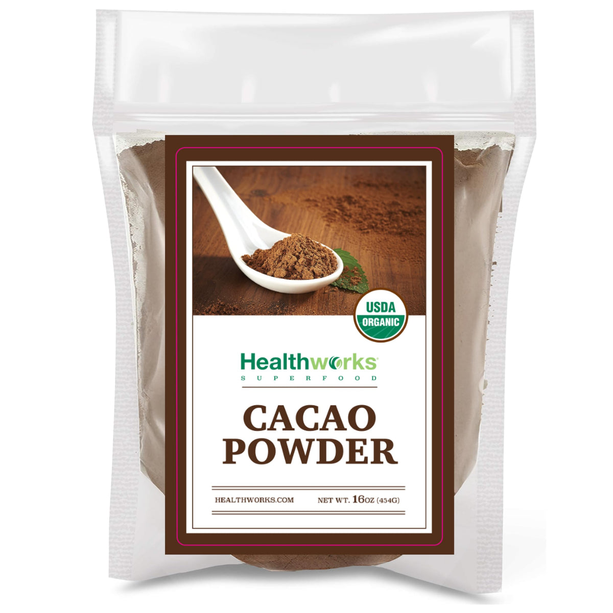 Healthworks Superfoods front packaging showing organic cacao benefits