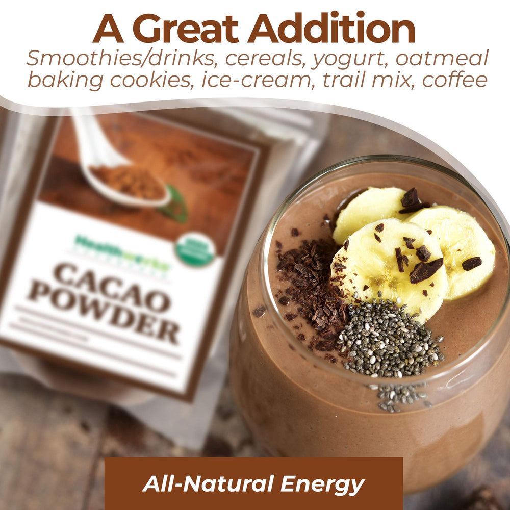 Healthworks Superfoods cacao stirred into smoothie bowl for flavor boost