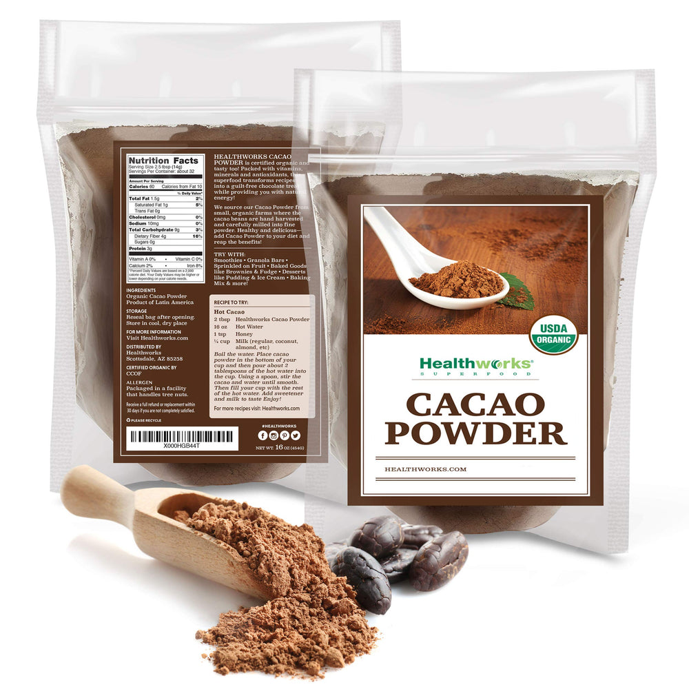 Healthworks Superfoods powder beside a one-pound scale for size clarity