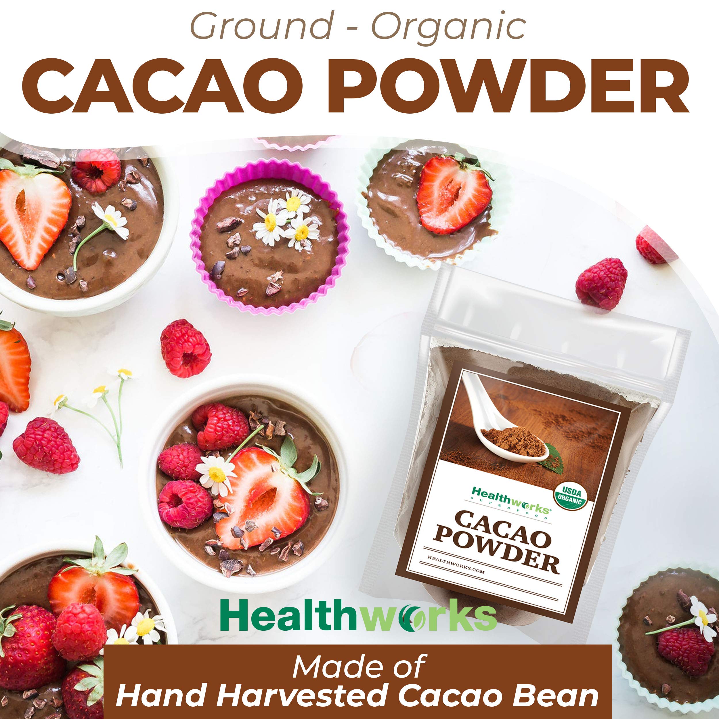 Healthworks Superfoods scoop of cacao powder showing measured portion