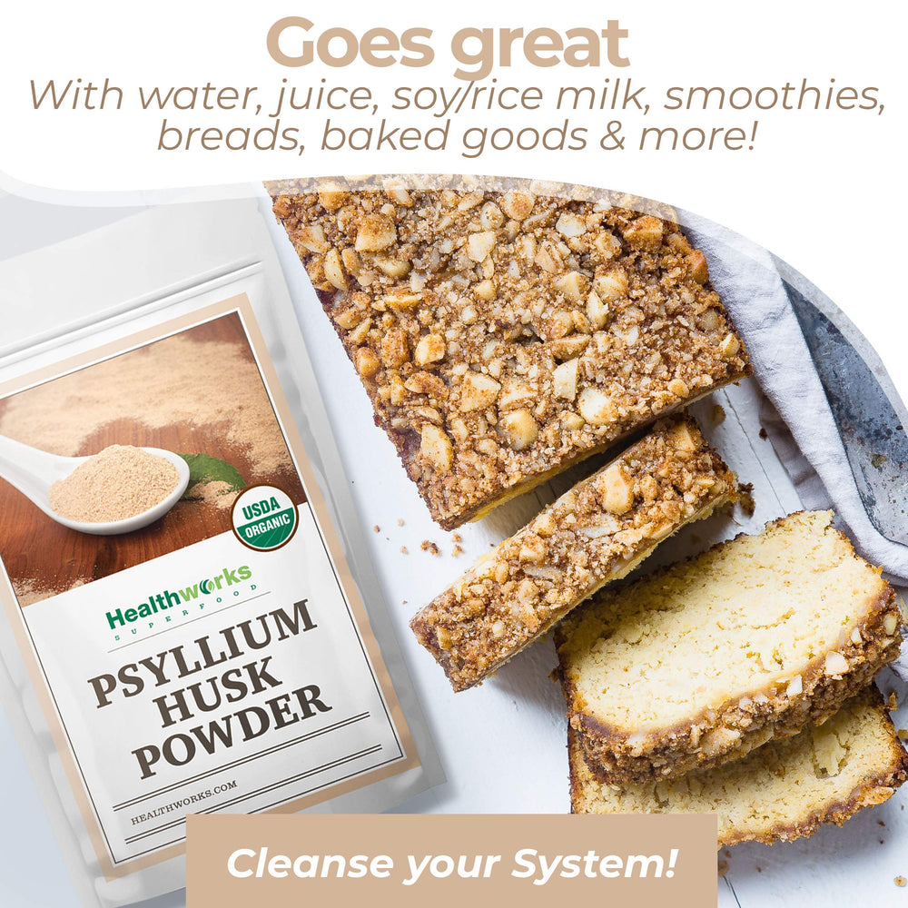 Healthworks Superfoods mixed psyllium in a glass showing quick thickening benefit