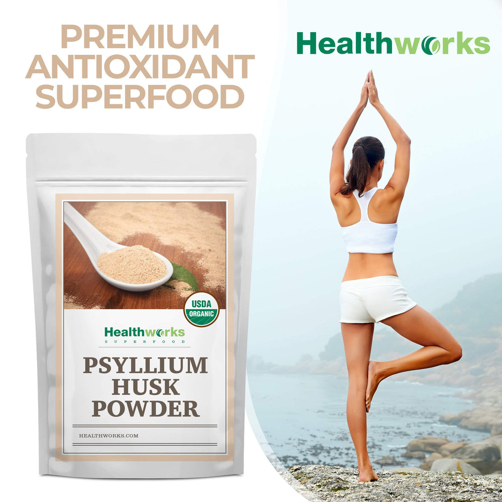 Healthworks Superfoods powder being added to a smoothie for added fiber