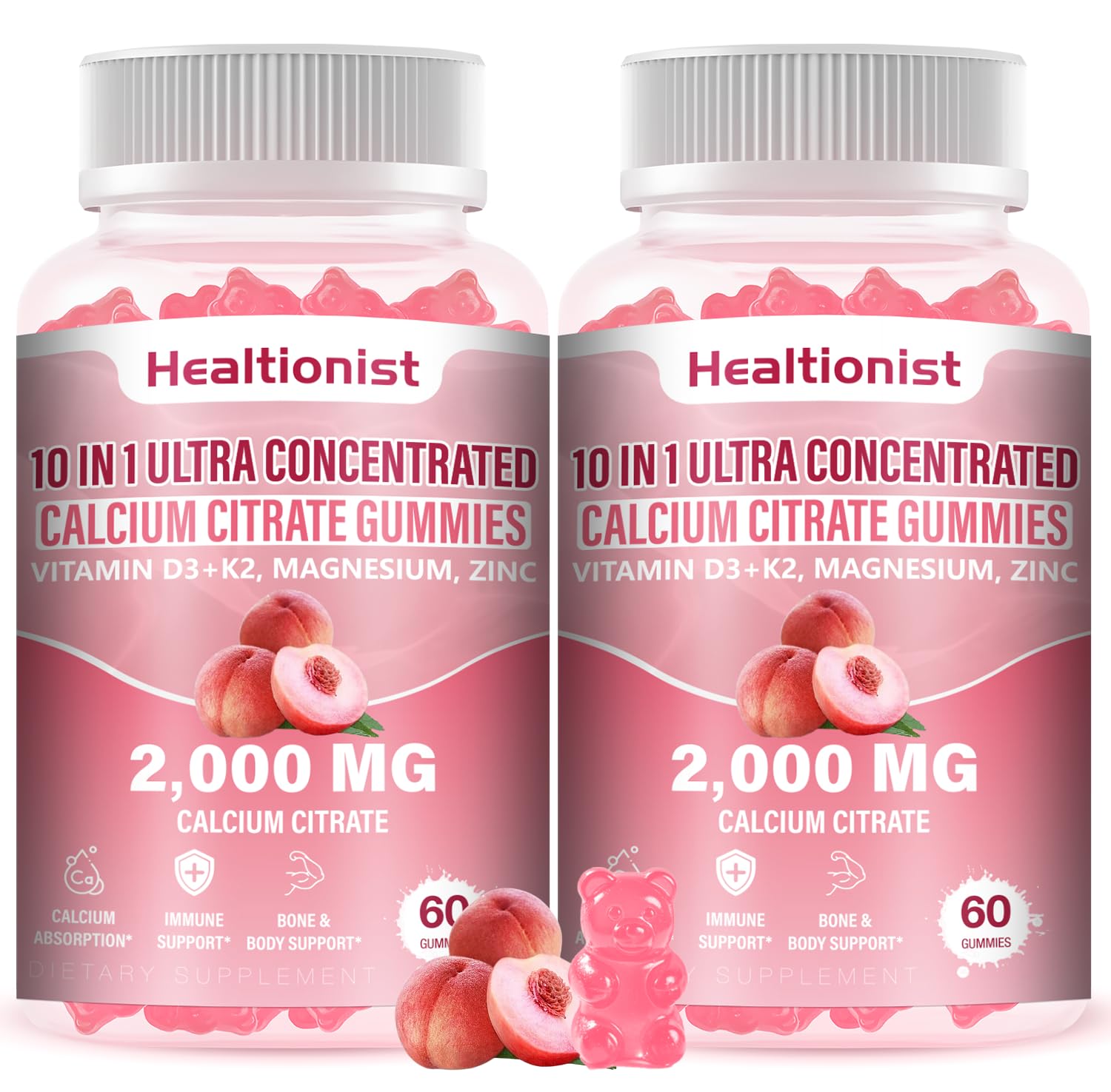 Healtionist front packaging showing peach gummy bottle and benefits