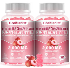 Healtionist front packaging showing peach gummy bottle and benefits