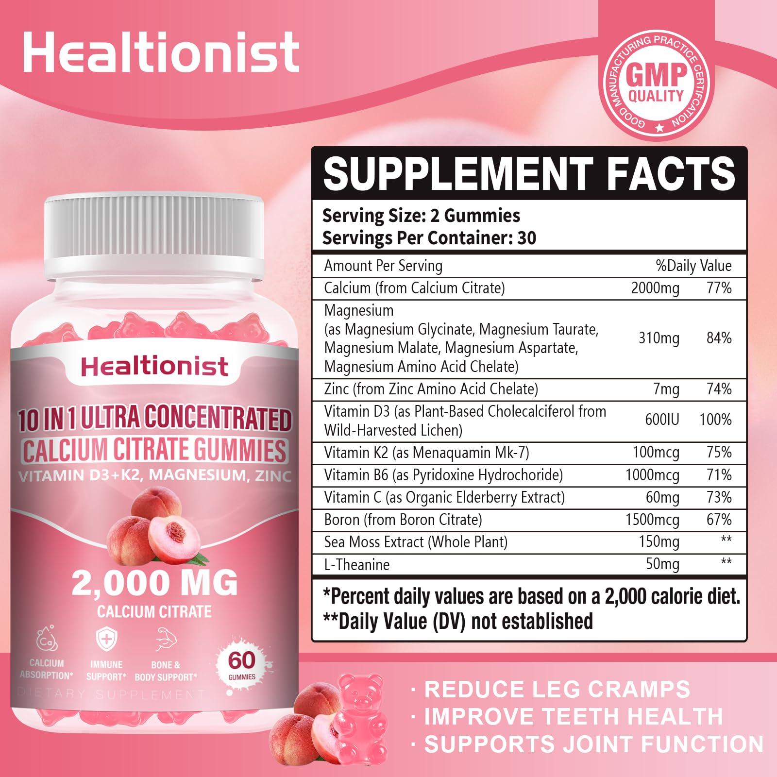 Healtionist open bottle with gummy pile highlighting chewable convenience