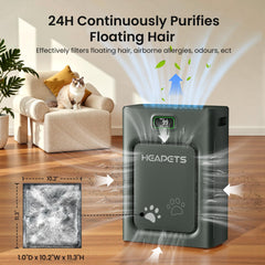 HEAPETS filter stack revealing H13 HEPA and carbon layers, cleans fine particles