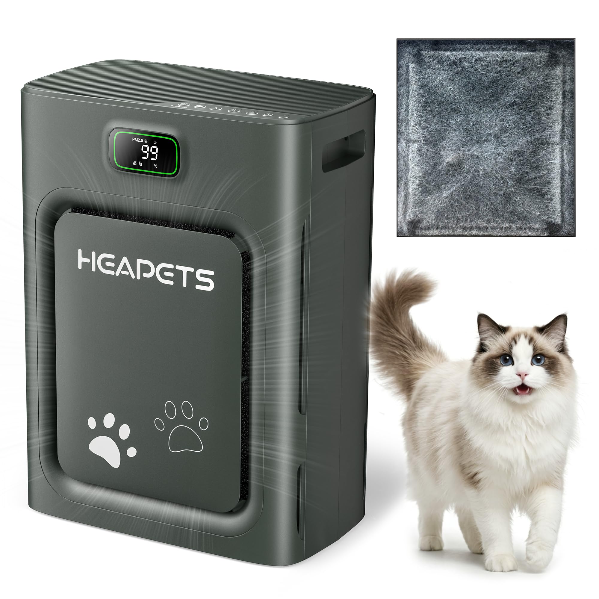 HEAPETS P358 front view showing sleek black housing and air outlets, improved airflow