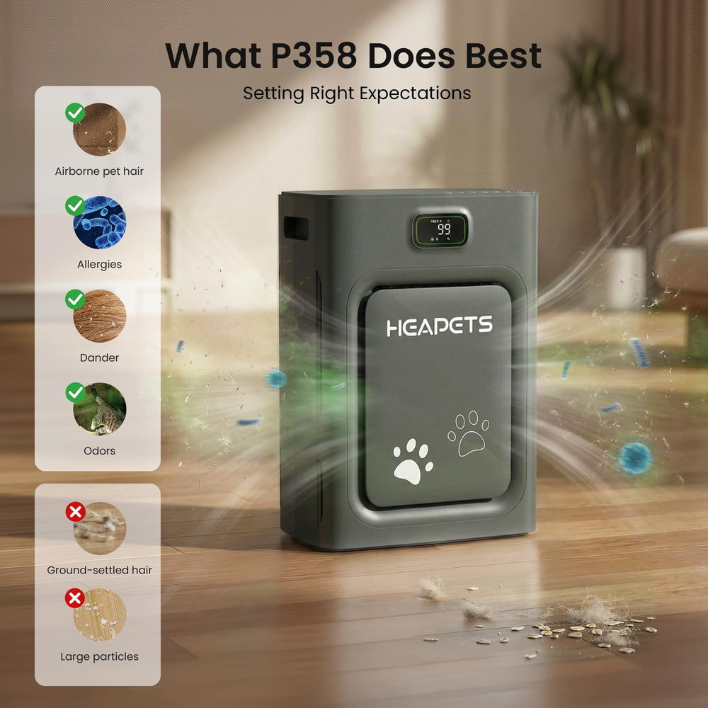 HEAPETS P358 near a dog and bed showing pet-specific performance, freshens room