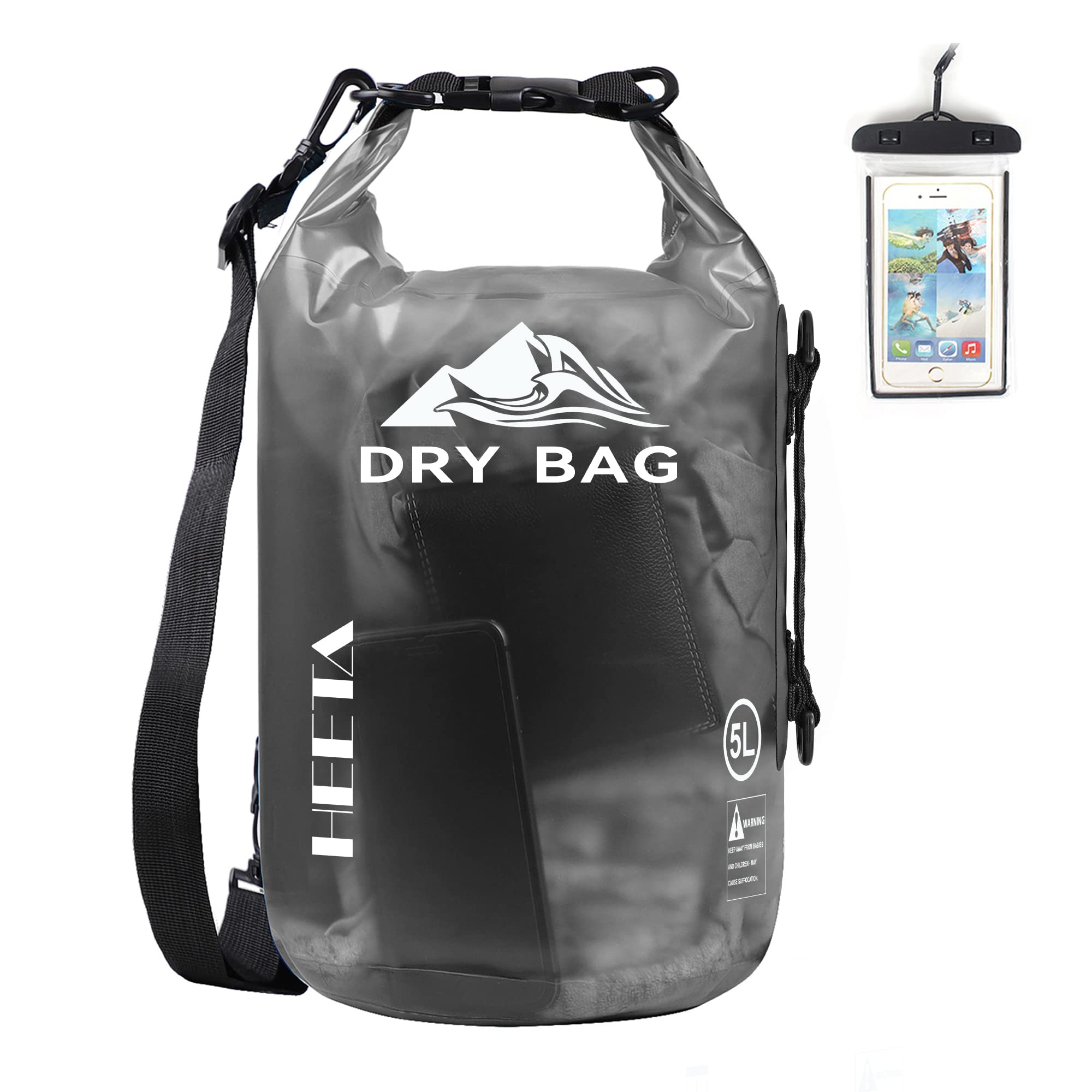 HEETA transparent 10L dry bag front view showing contents and visibility benefit