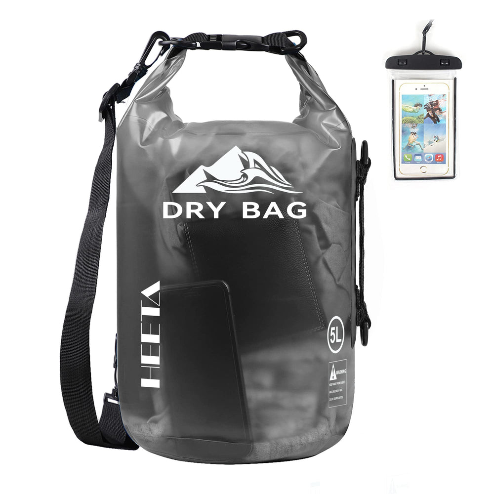 HEETA transparent 10L dry bag front view showing contents and visibility benefit