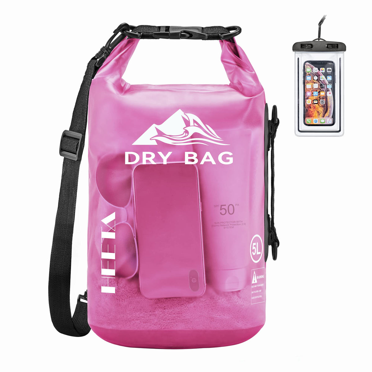 HEETA dry bag front view in rose red showing roll-top and straps for easy portability