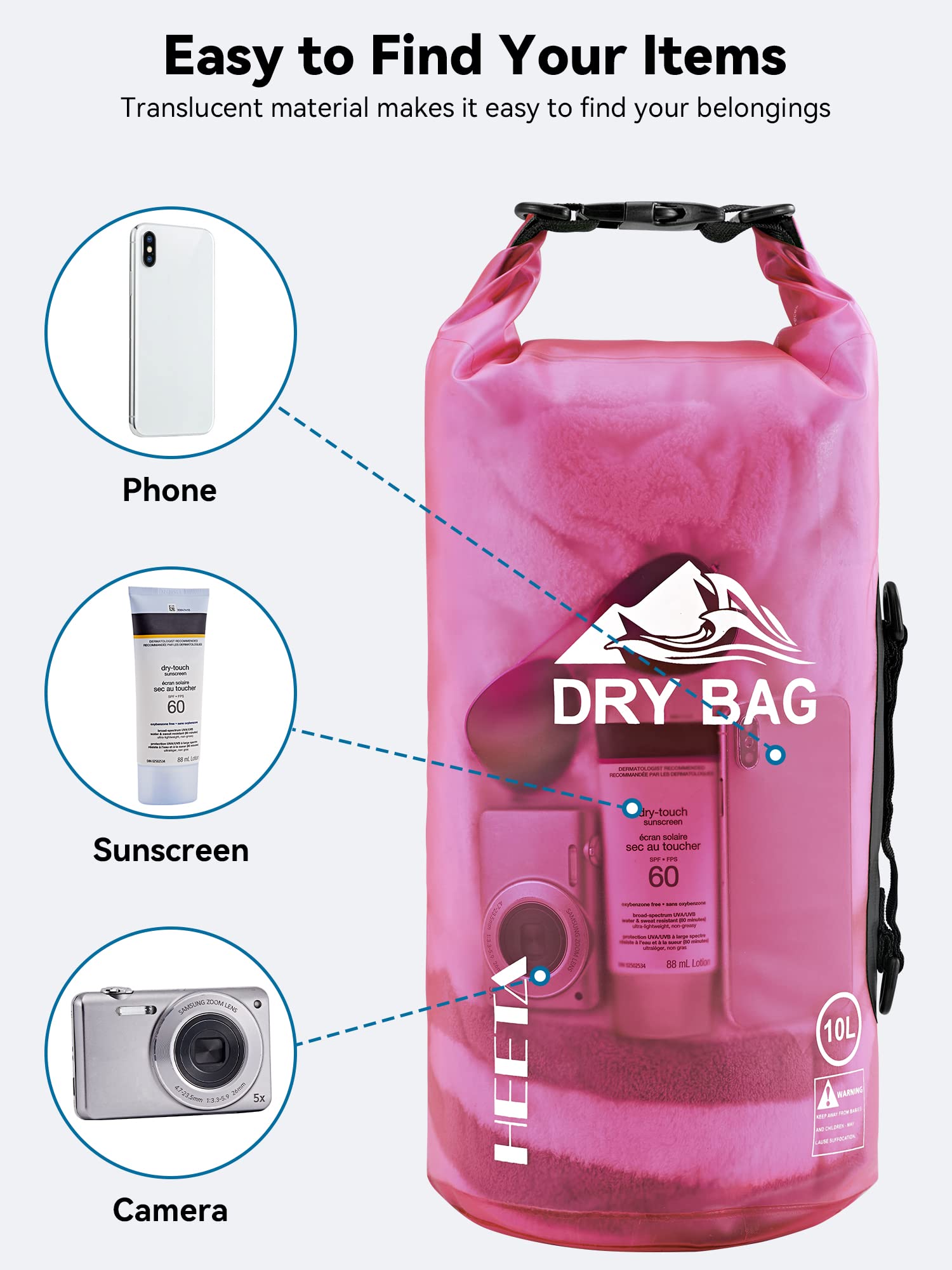 HEETA dry bag next to water bottle showing compact 5L capacity and scale