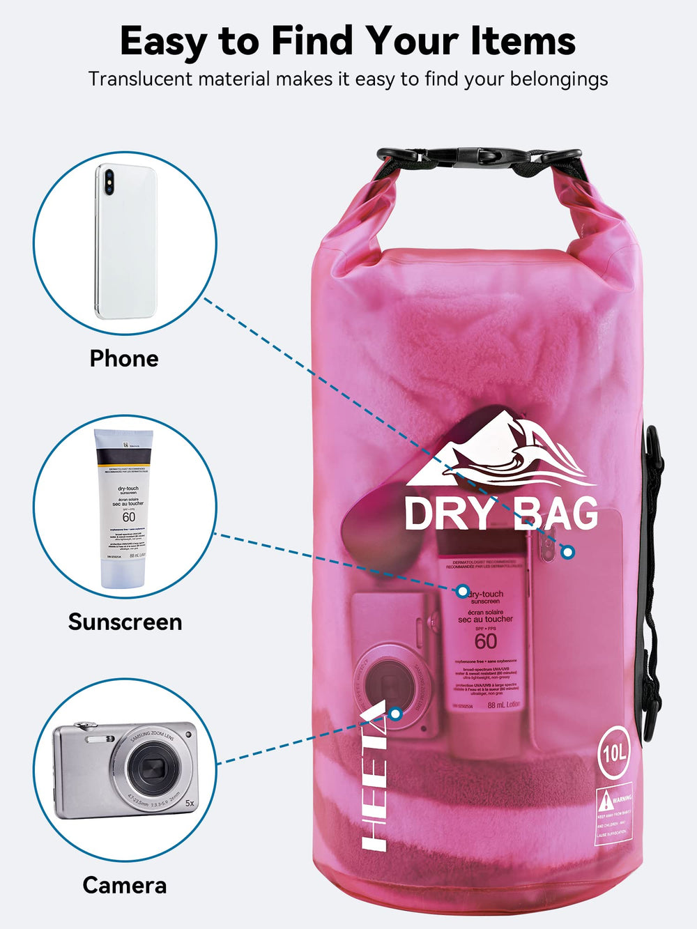 HEETA dry bag next to water bottle showing compact 5L capacity and scale