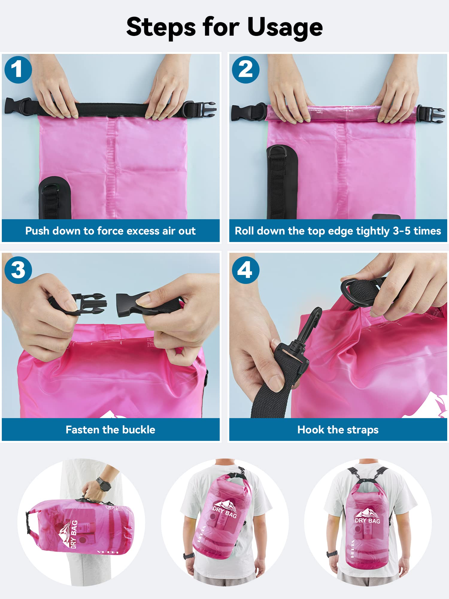 HEETA dry bag worn as backpack on model for comfortable hands-free carrying