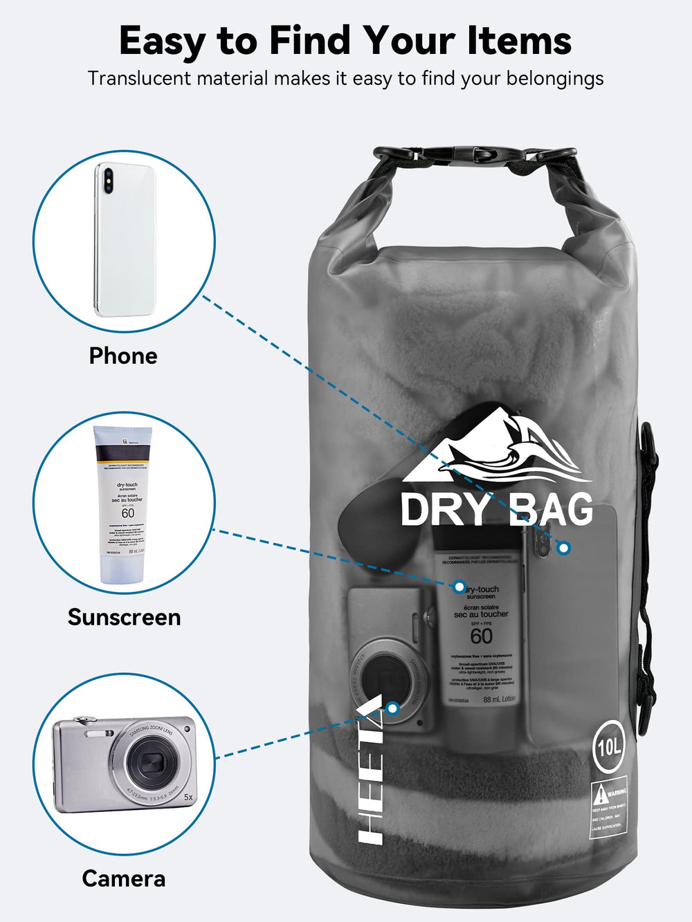 HEETA dry bag in use on a beach and paddleboard keeping gear dry and organized