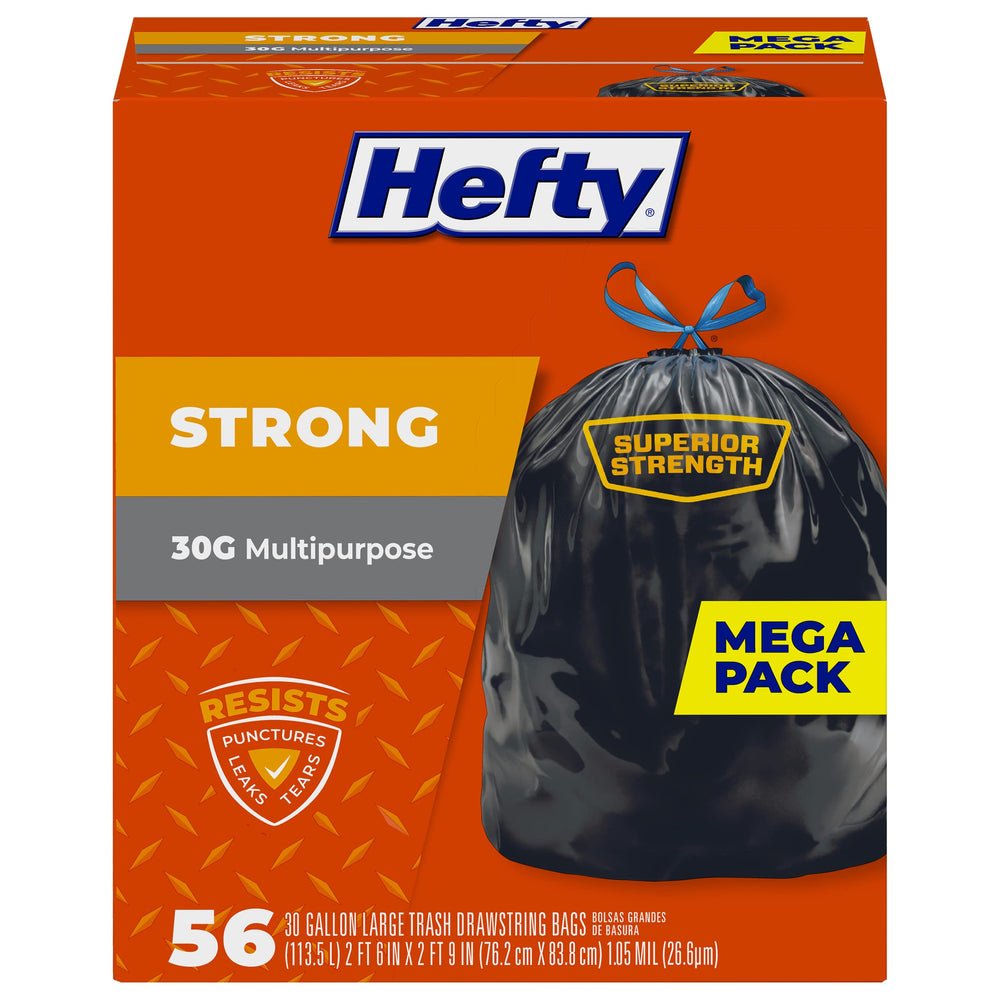 Hefty front packaging showing 56-count and 30 gallon capacity benefits