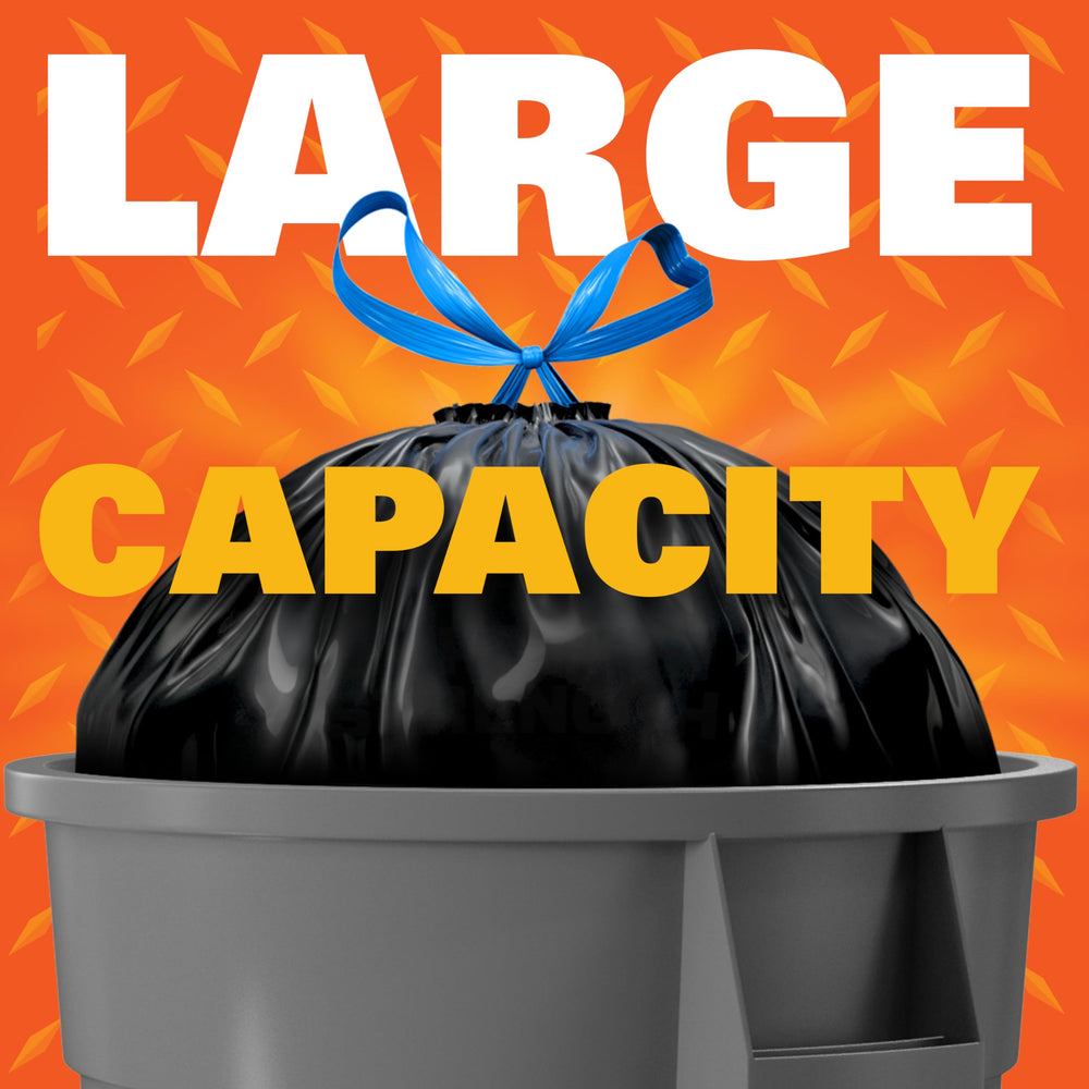 Hefty bag beside a standard box to show 30 gallon capacity