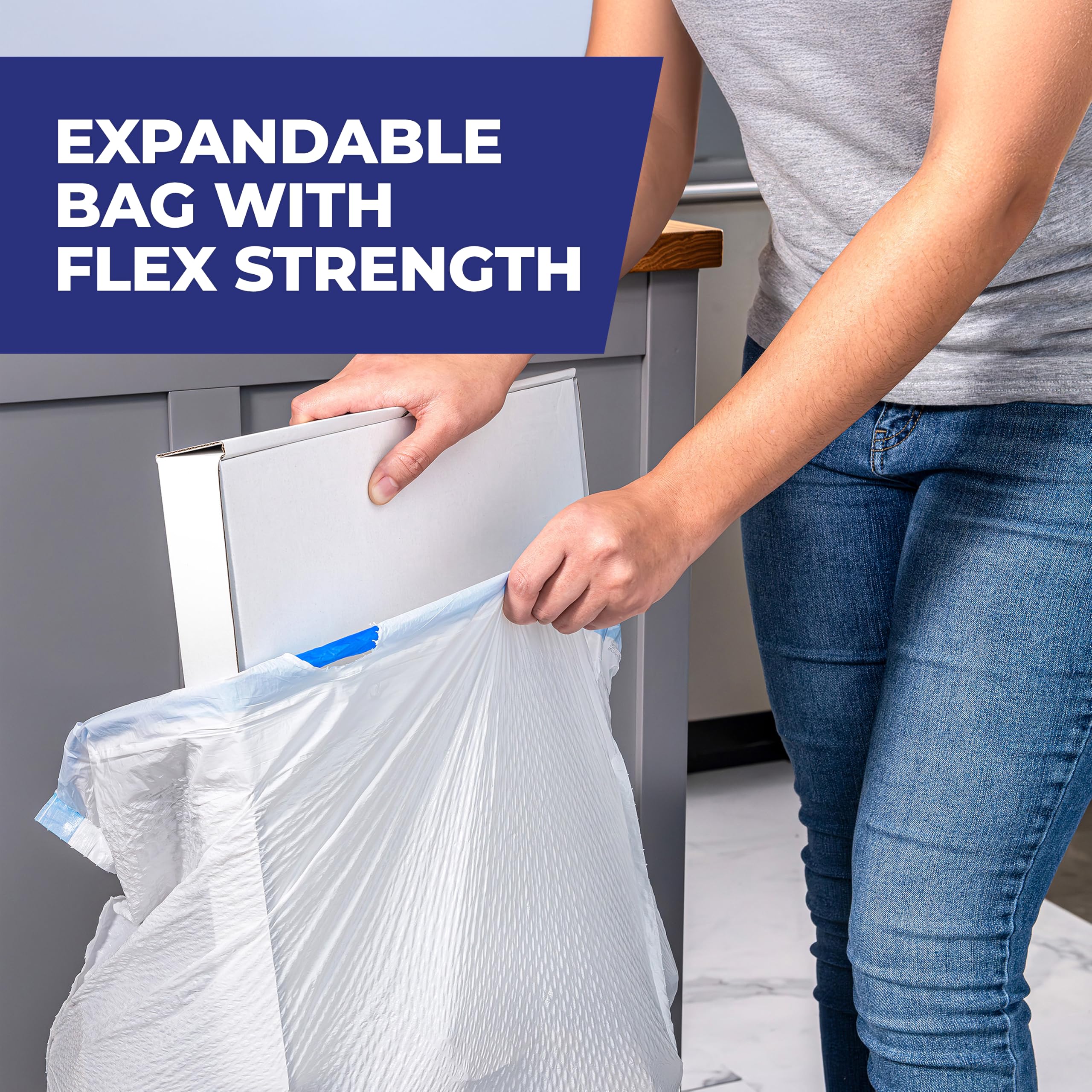 Hefty bag base seam detail illustrating leak-resistance benefit