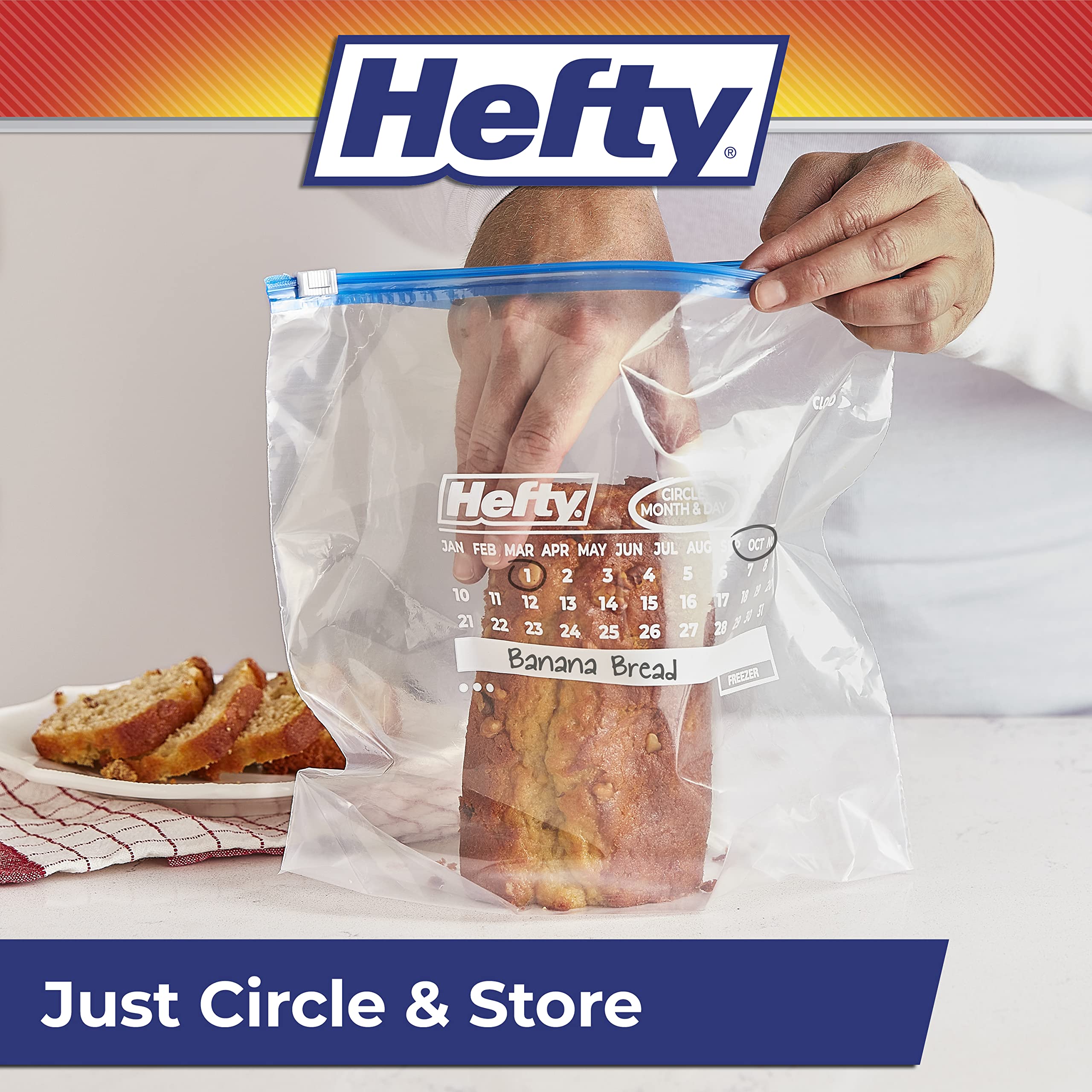 Hefty bags organized on a freezer shelf for tidy storage and visibility