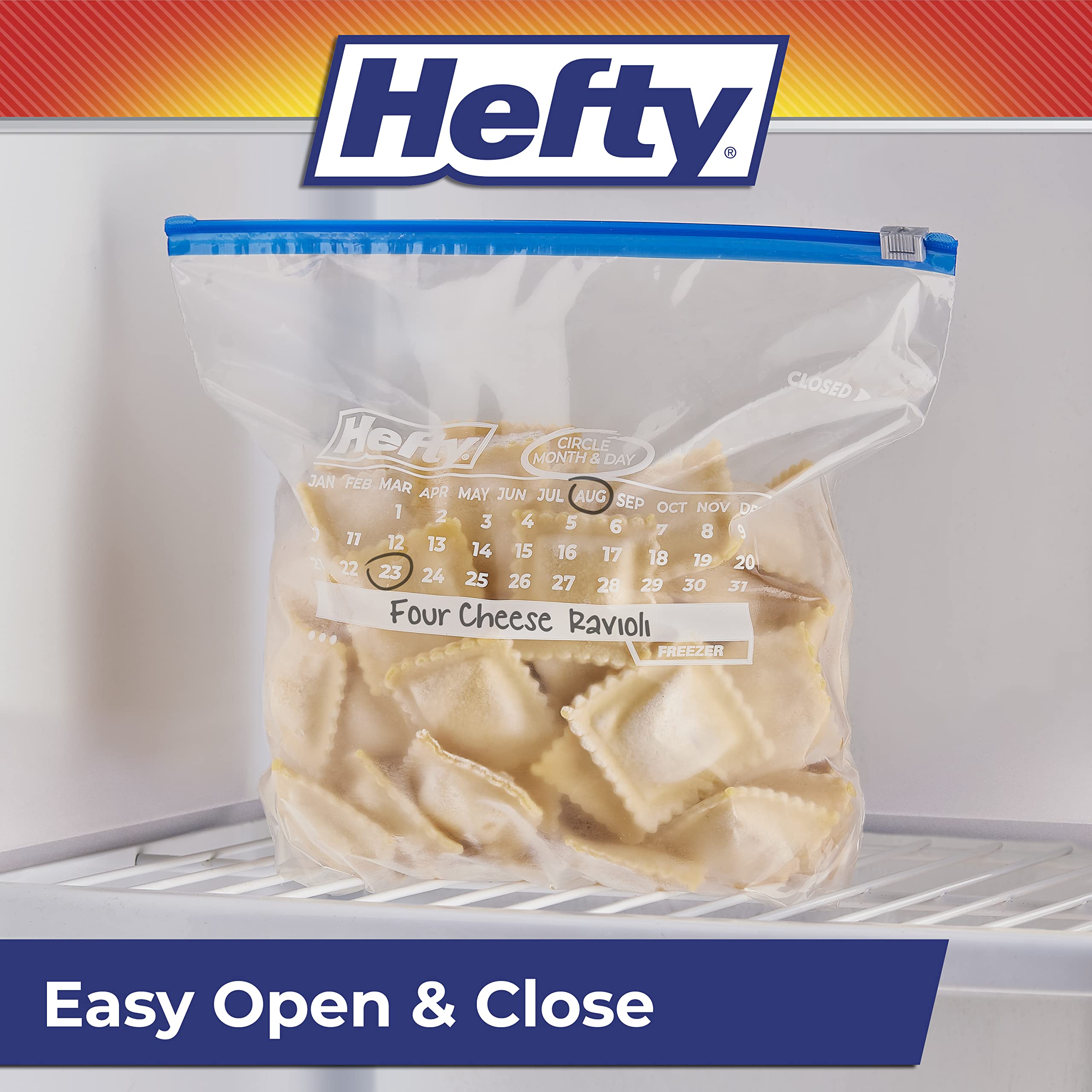 Hefty sealed bag with frozen meat demonstrating secure storage