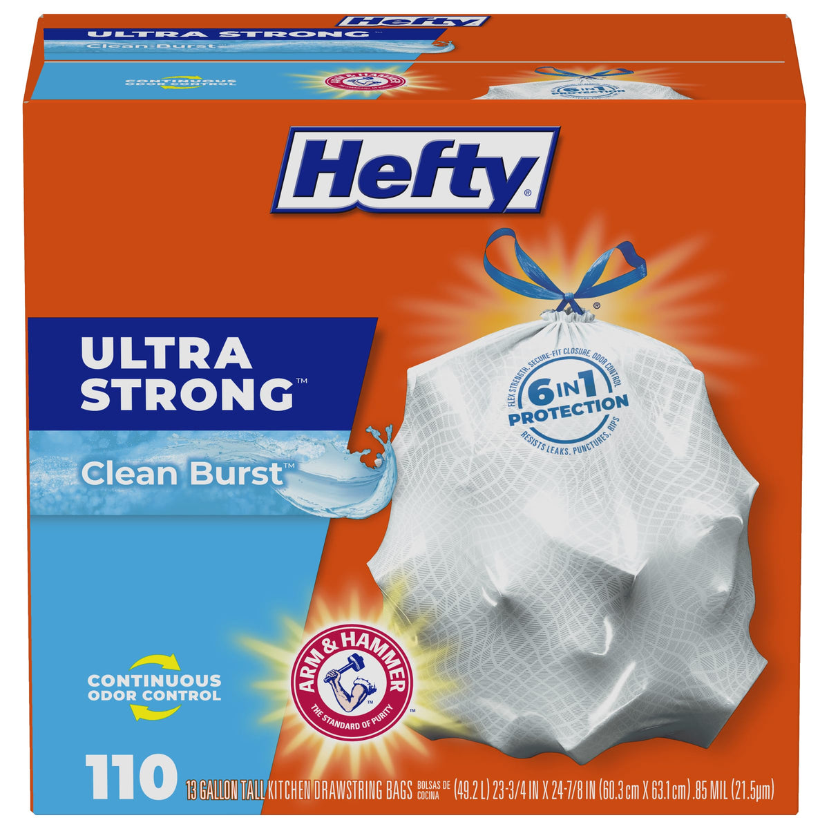 Hefty front box showing 110-count and benefits for easy storage
